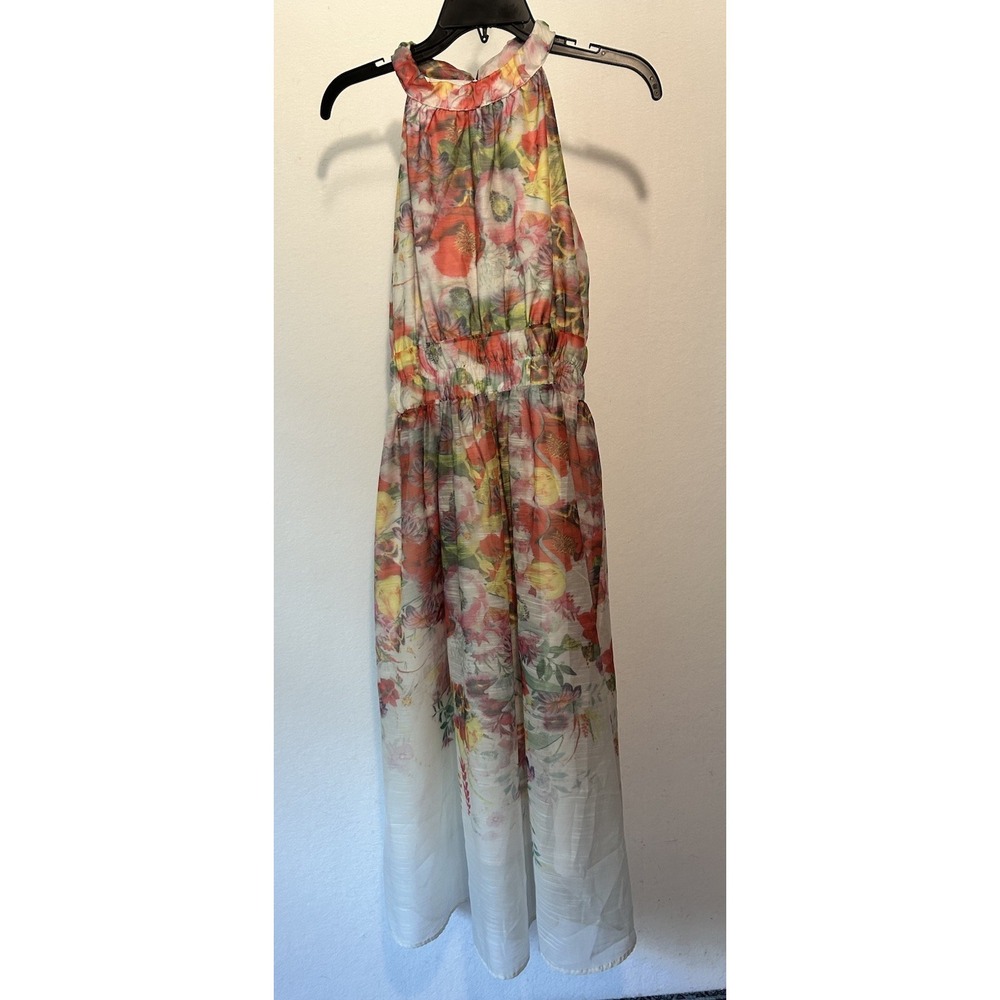 NWT Rosie Posie Women's Size Medium Floral Midi Dress Halter Top Gathered Waist‎